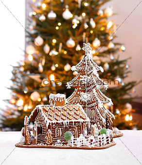 Gingerbread cottage and Christmas tree