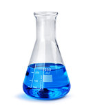 Labotatory glass beaker with blue liquid sample