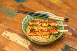 Japanese salmon yakitori with noodles