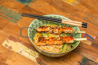 Japanese salmon yakitori with noodles