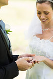 Groom placing ring on brides finger
