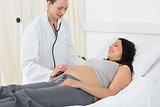 Doctor checking belly of pregnant woman