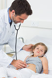 Doctor examining stomach of sick girl