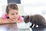 Girl looking at kitten drinking milk from bowl