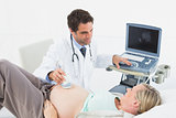 Cheerful doctor doing a sonogram scan on pregnant woman