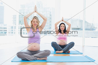 Happy pregnant women in yoga class meditating in lotus pose