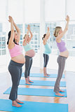 Smiling pregnant women in yoga class standing in tree pose