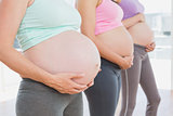 Pregnant women standing in a line holding their bumps