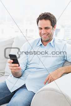 Cheerful man sitting on the couch sending a text with smartphone
