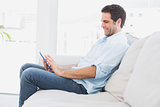 Handsome man sitting on the couch using his tablet
