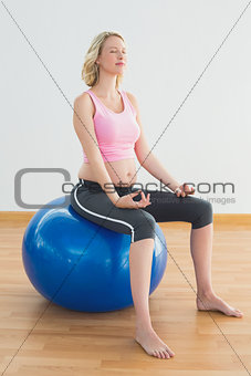 Calm blonde pregnant woman sitting on exercise ball