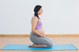 Pregnant brunette kneeling on exercise mat
