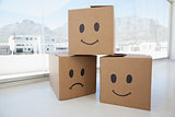 Three cardboard boxes with smiley signs against window