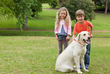 Two kids with pet dog at park