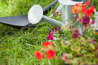 Spade and watering can by flowers at park