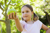 Close-up of girl holding apple in park