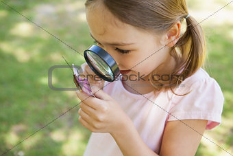 Girl examining butterfly with magnifying glass at park