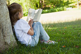 Rear view of girl reading book in park