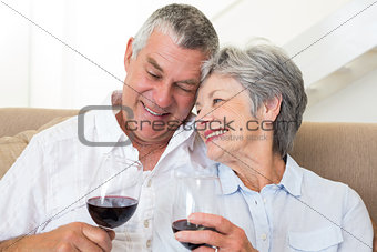 Senior couple sitting on sofa having glasses of red wine