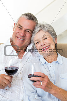 Senior couple sitting on couch having of red wine