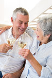 Senior couple sitting on couch having white wine