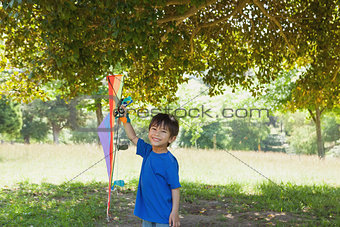 Happy young boy holding kite at park