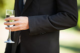 Mid section of a man holding champagne glass at park