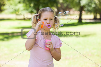 Girl blowing soap bubbles at park