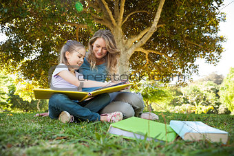 Happy mother and daughter reading a book at park