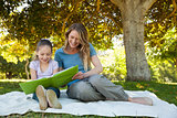 Happy mother and daughter reading a book at park