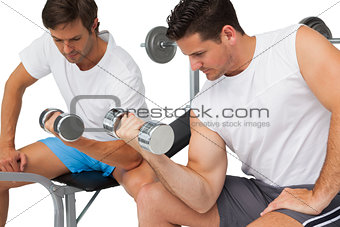 Two fit young men exercising with dumbbells