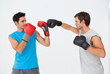 Side view of two male boxers practicing
