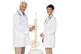 Portrait of two smiling doctors with skeleton model