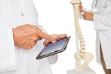 Mid section of doctors with digital table and skeleton model