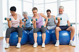 Fitness class with dumbbells sitting on exercise balls