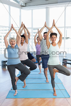 Class standing in tree pose at yoga class