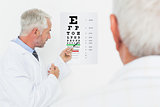 Pediatrician ophthalmologist with senior patient pointing at eye chart