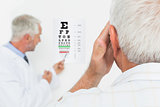 Pediatrician ophthalmologist with senior patient pointing at eye chart