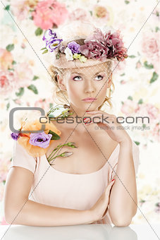 girl with flowers on the hat looks up