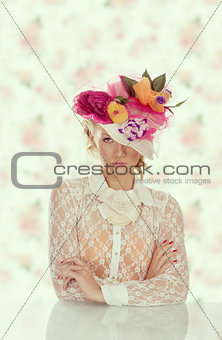 elegant girl in front of the camera behind table with floral hat