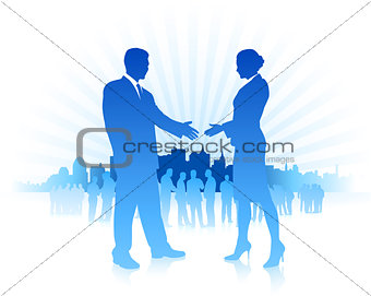 Businessman and Businesswoman meeting with Skyline Background