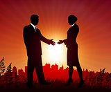 Businessman and Businesswoman meeting on sunset background