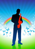 saxophone player on rainbow background