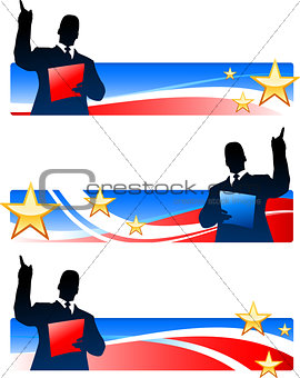 Business executive with patriotic banners