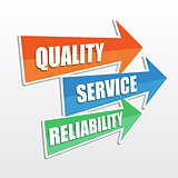 quality, service, reliability in arrows, flat design