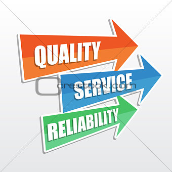 quality, service, reliability in arrows, flat design