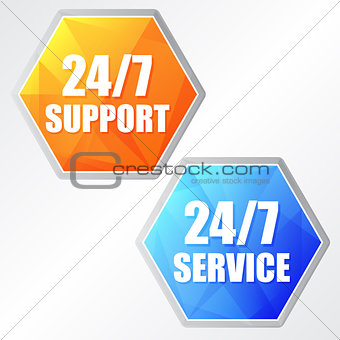 24/7 service, two colors hexagons labels