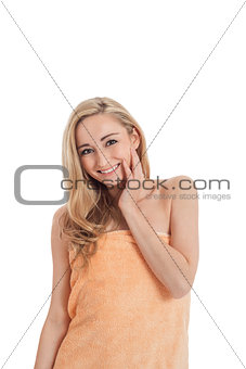 attractive young smiling woman with towel isolated