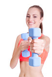 healthy smiling girl workout with dumbbell isolated 