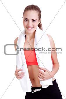 young attractive woman with towel sports outfit isolated